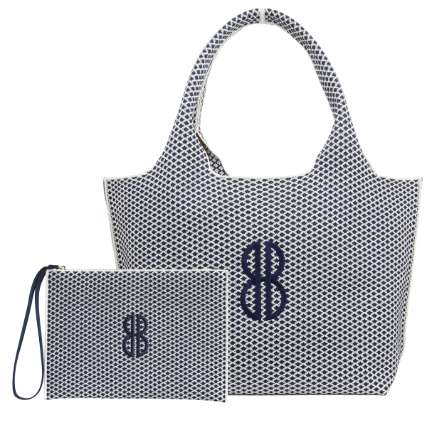 Sutton City Tote - Navy Diamond Monogram   Detachable Metal Chain - Large For Discount