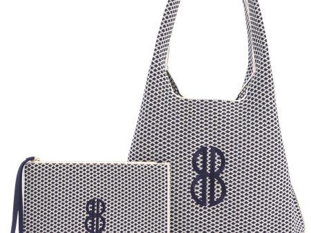 Sutton City Tote - Navy Diamond Monogram   Detachable Metal Chain - Large For Discount