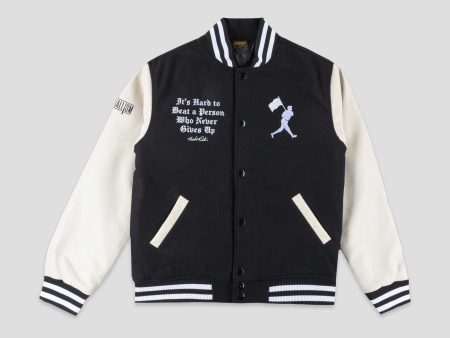 Never Give Up Varsity Jacket - Faded Eyeblack Home Ivory For Cheap