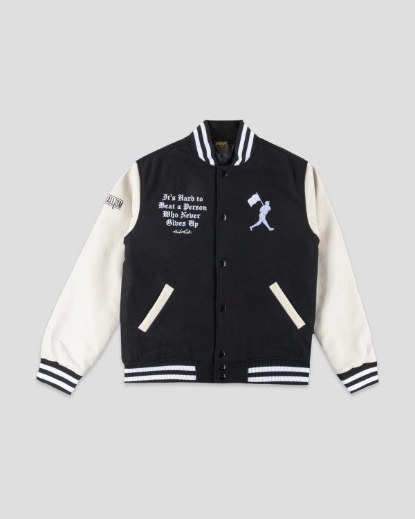 Never Give Up Varsity Jacket - Faded Eyeblack Home Ivory For Cheap