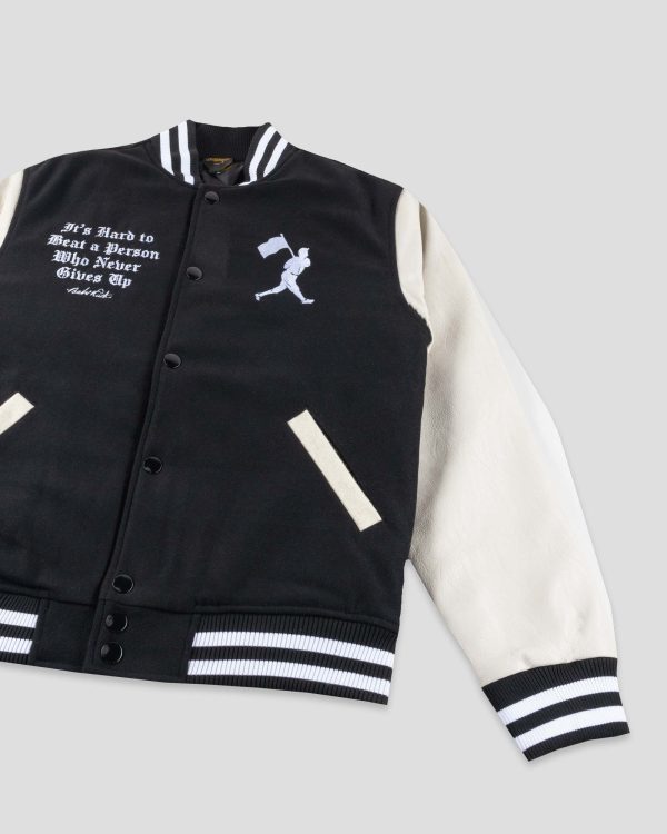 Never Give Up Varsity Jacket - Faded Eyeblack Home Ivory For Cheap